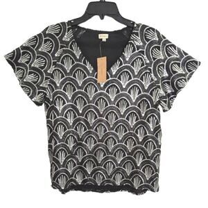 Cremieux Mary blouse black silver Glam sequin short sleeve dressy top S